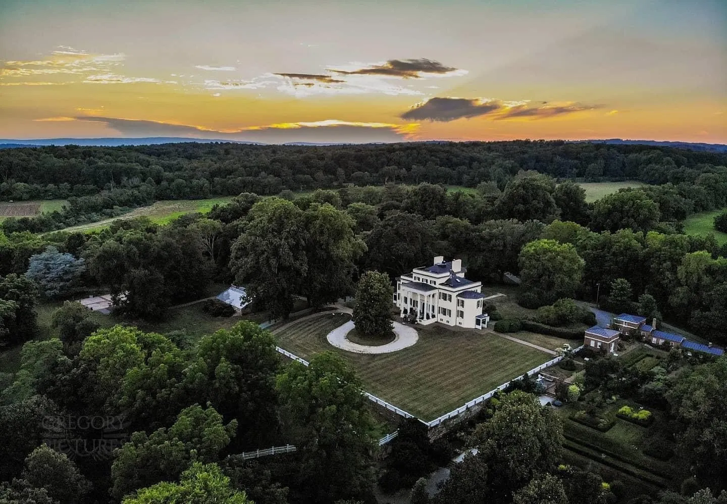 Path Aerials Greg Morgan Drone sunset mansion gardens grounds