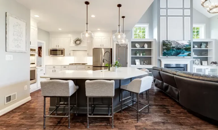 Open concept luxury kitchen and family room in Leesburg home