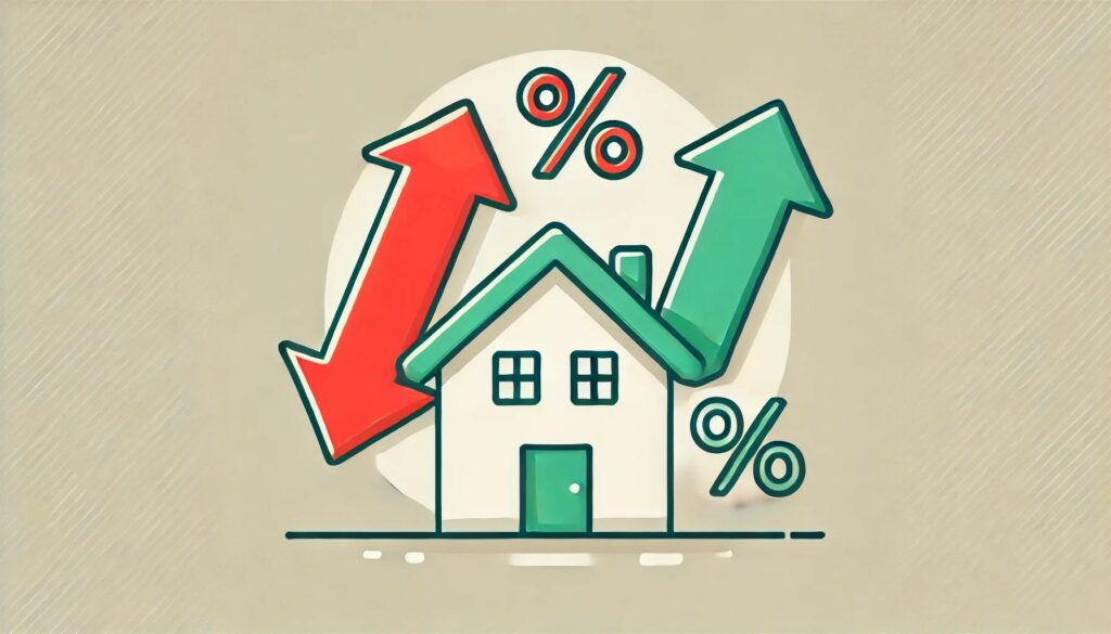 Graphic depicting arrows and a home representing mortgage rates in Leesburg, VA